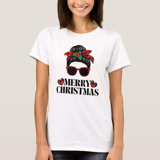 T-shirt Christmas messy-bun mom design (Devant)