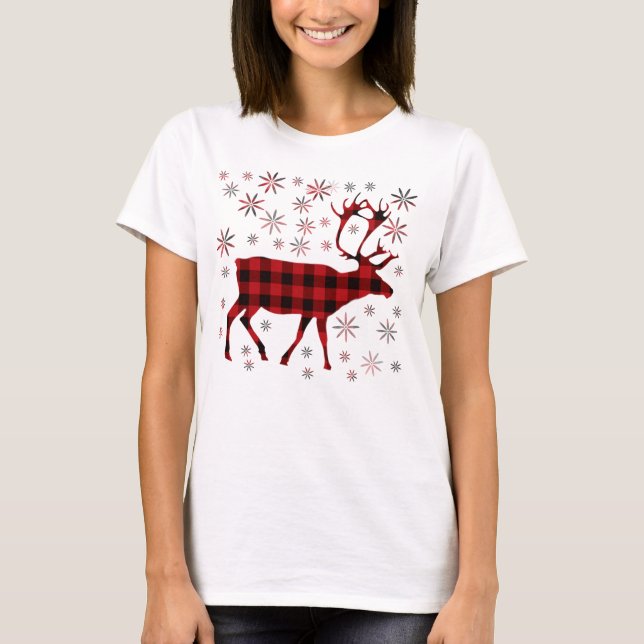 T-shirt Christmas Moose, Deer, elk, caribou, red plaids (Devant)