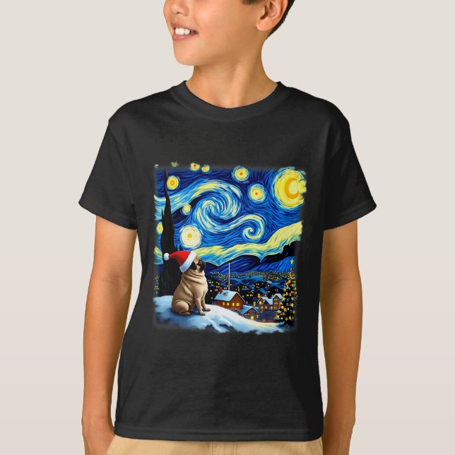 T-shirt Christmas Pug Starry Night  (Devant)