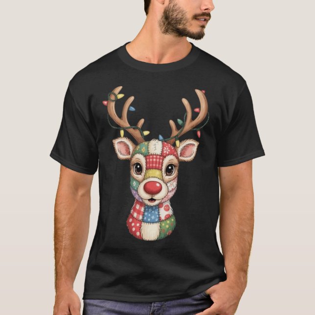 T-shirt Christmas Reindeer Patchwork Men Women Kids Cute R (Devant)