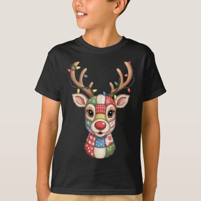 T-shirt Christmas Reindeer Patchwork Men Women Kids Cute R (Devant)