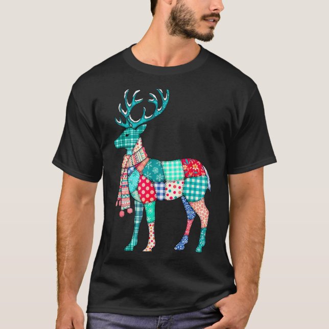 T-shirt Christmas Reindeer Patchwork Reindeer Men Women Ki (Devant)