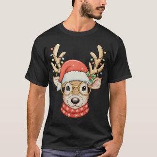 T-shirt Christmas Reindeer Xmas Lights Glasses Santa Hat