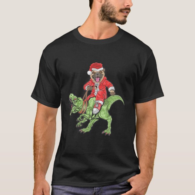 T-shirt Christmas Santa Claus Pug Dog Riding A Dinosaur Tr (Devant)