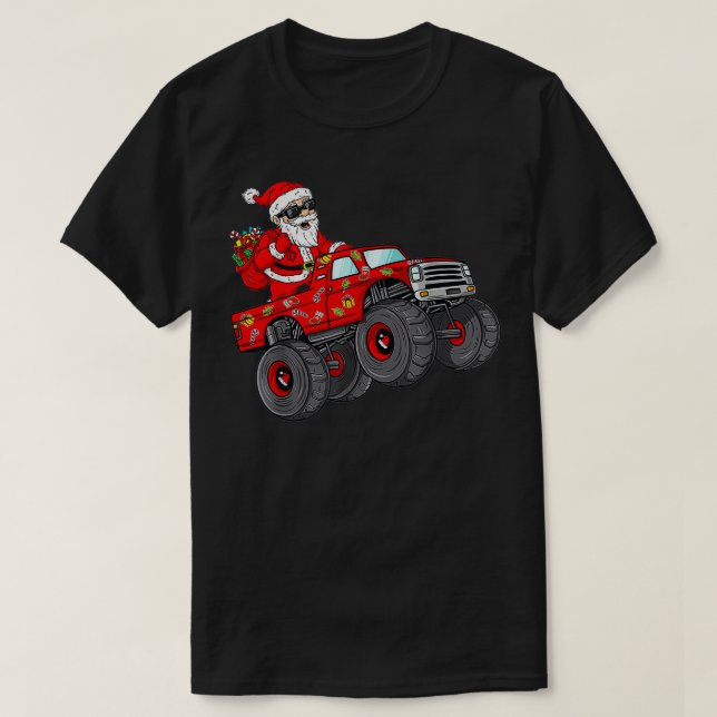 T-shirt Christmas Santa Claus Riding Monster Truck Boys Ki (Design devant)