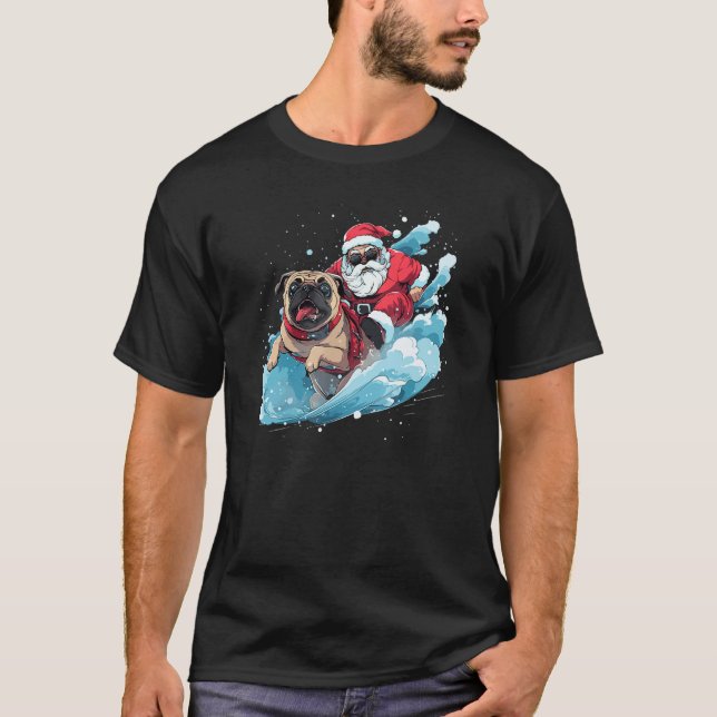 T-shirt Christmas Santa Claus Riding Pug Xmas Boys Men Can (Devant)