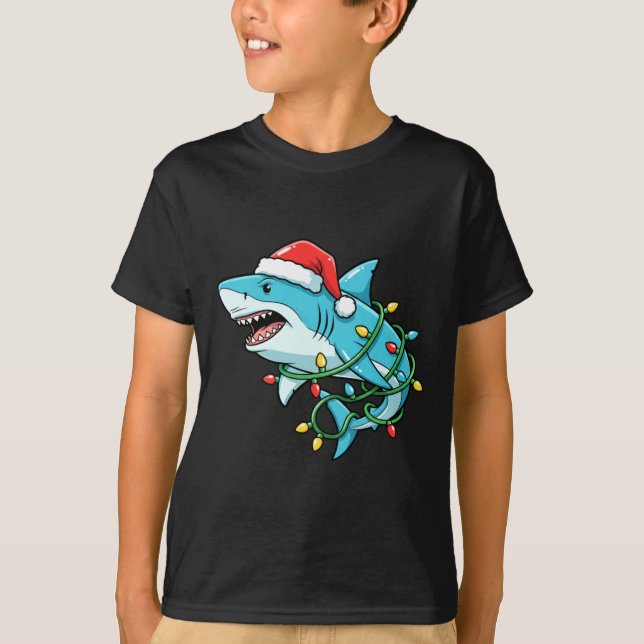 T-shirt Christmas Shark Santa Hat Wrapped In Lights Funny  (Devant)