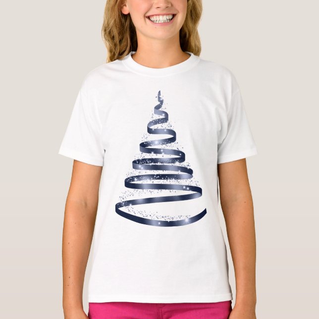 T-shirt Christmas Shiny Blue Ribbon Tree Sparkle (Devant)