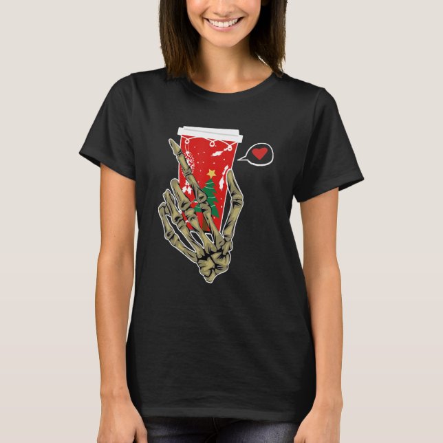 T-shirt Christmas Skeleton Hand Drinking Coffee Latte Paja (Devant)