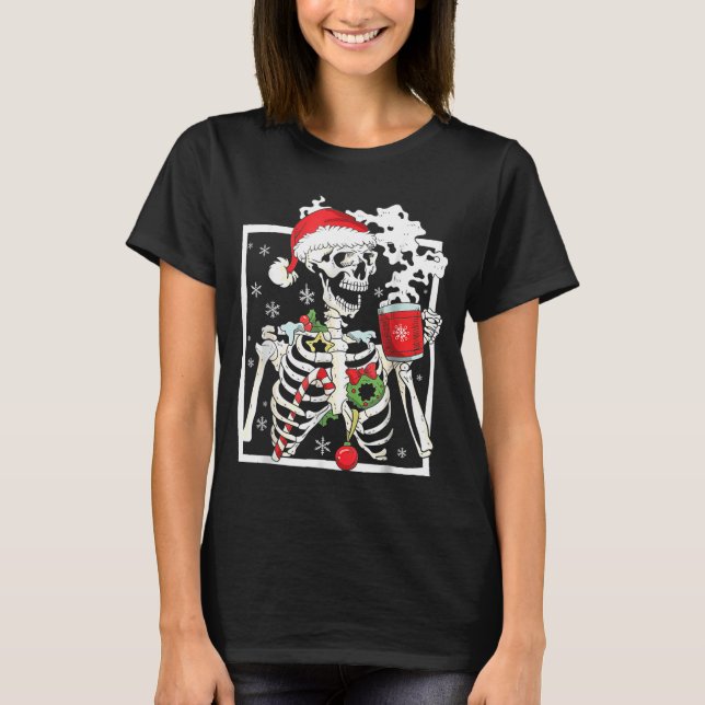 T-shirt Christmas Skeleton With Smiling Skull Drinking Cof (Devant)