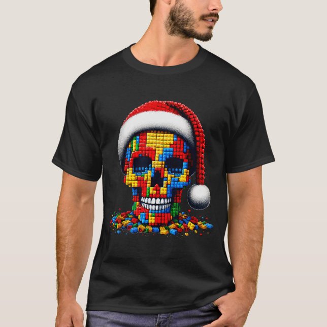 T-shirt Christmas Skull Santa Hat Block Bricks Master Buil (Devant)