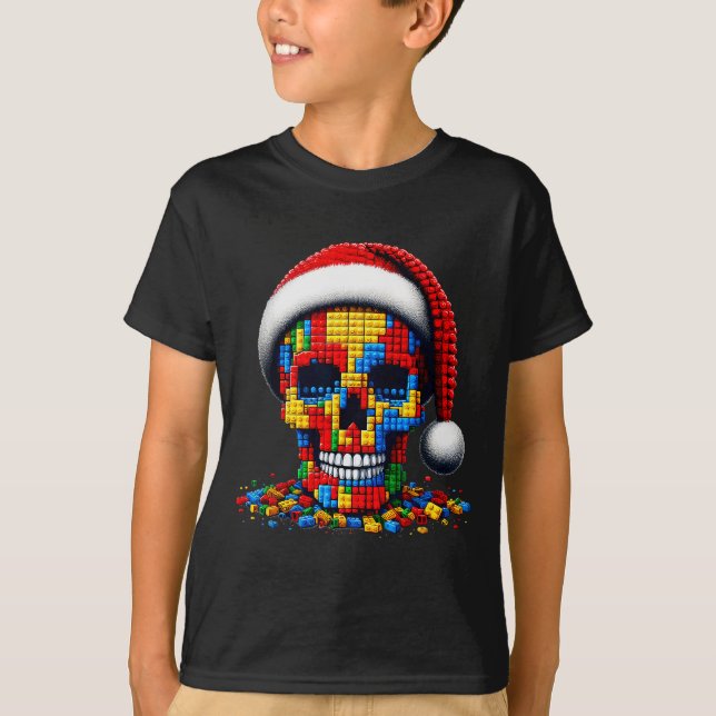 T-shirt Christmas Skull Santa Hat Block Bricks Master Buil (Devant)