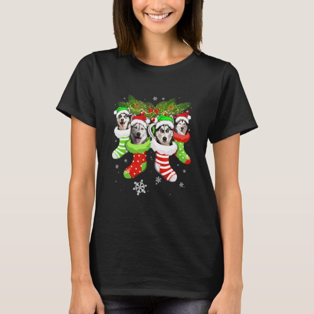 T-shirt Christmas Socks Pajama Siberian Husky Dog Puppy (Devant)