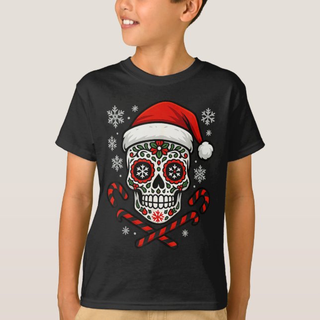 T-shirt Christmas Sugar Calavera Skull Santa Hat Candy Can (Devant)