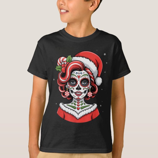 T-shirt Christmas Sugar Skull Art Woman Santa Hat Festive  (Devant)