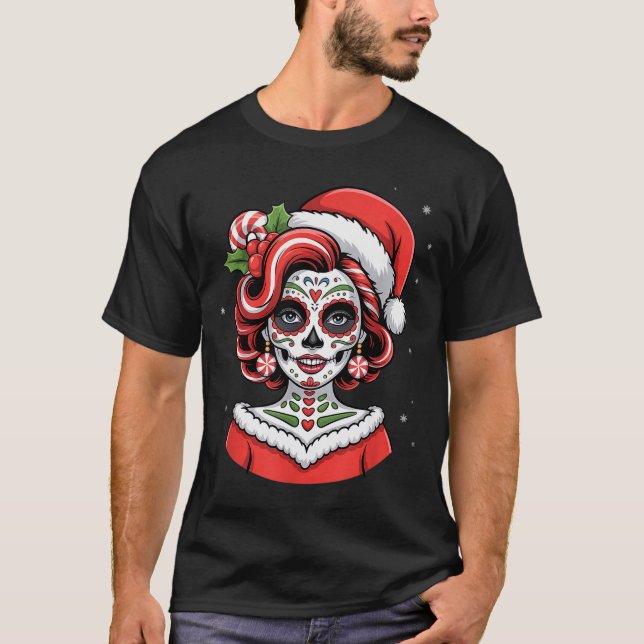 T-shirt Christmas Sugar Skull Art Woman Santa Hat Festive  (Devant)