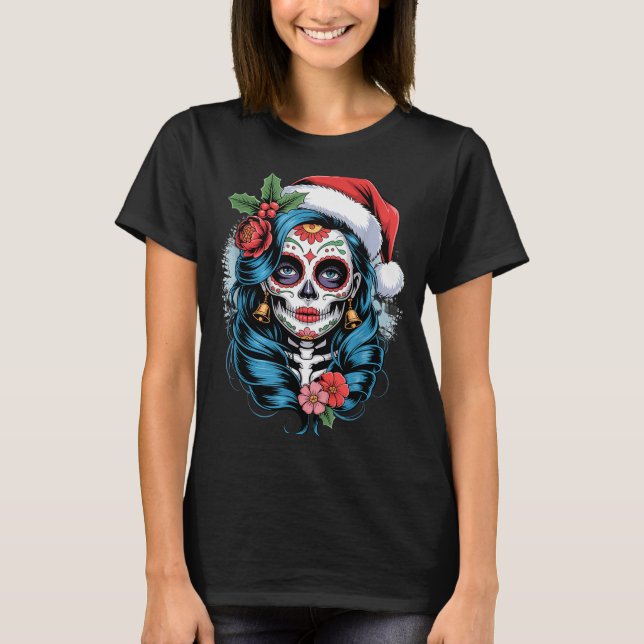 T-shirt Christmas Sugar Skull Art Woman Santa Hat Festive  (Devant)