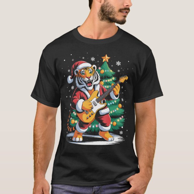 T-shirt Christmas Tiger Playing Guitar Music Santa Hat Xma (Devant)