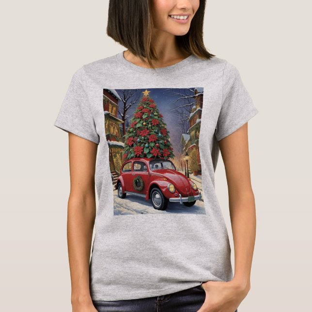 T-shirt Christmas Tree On Top Of Red Hippie Bug Car (Devant)