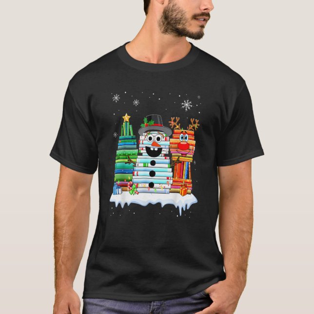 T-shirt Christmas Tree Snowman Reindeer Book Stack Librari (Devant)