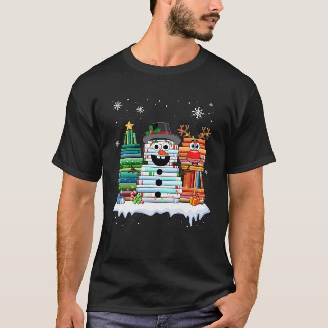 T-shirt Christmas Tree Snowman Reindeer Book Stack Librari (Devant)