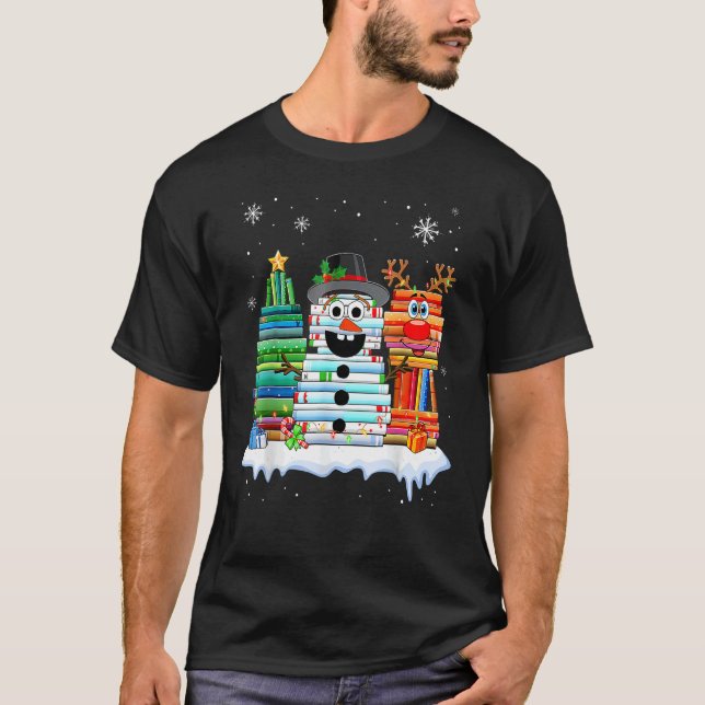 T-shirt Christmas Tree Snowman Reindeer Book Stack Librari (Devant)