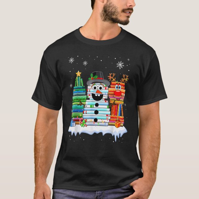 T-shirt Christmas Tree Snowman Reindeer Book Stack Librari (Devant)