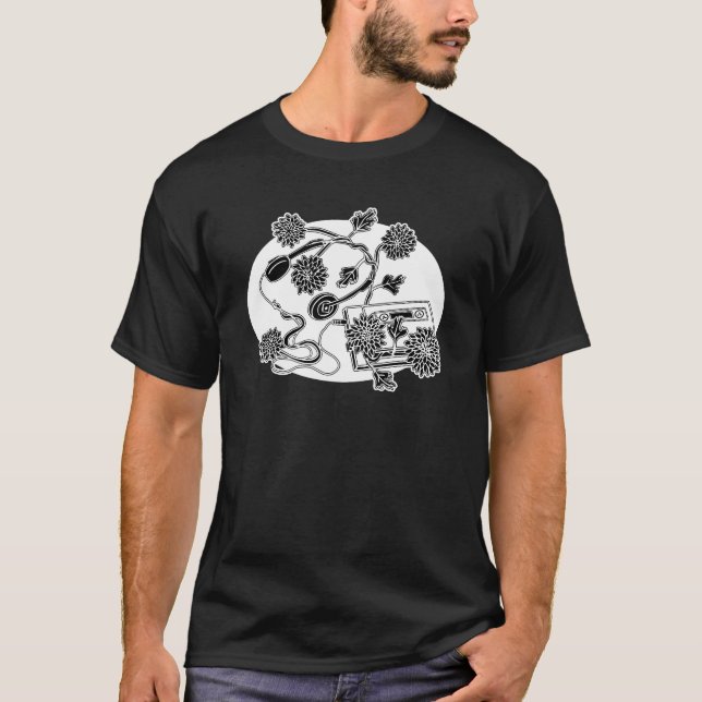 T-shirt Chrysanthème noir et blanc Walkman (Devant)