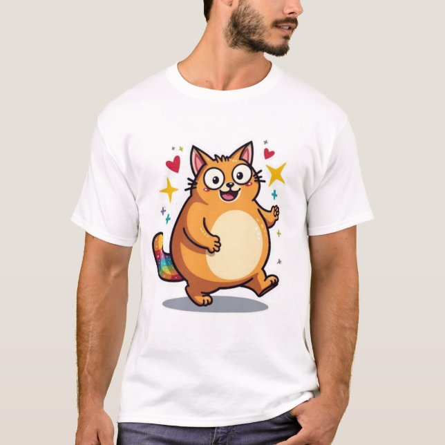 T-shirt Chubby Kawaii Orange Cat Rainbow Tail Sparkle (Devant)