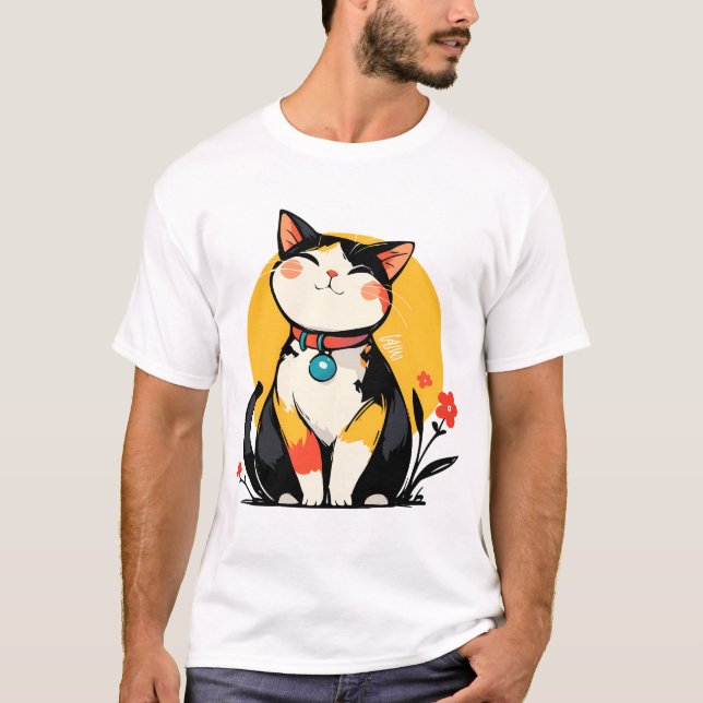 T-shirt Chubby Smiling Calico Cat Badge (Devant)