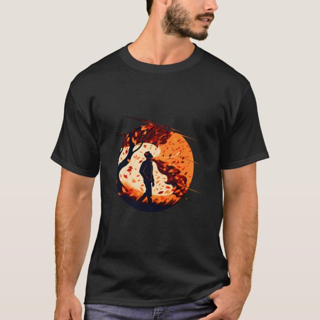 T-shirt Chute De Feuilles Avec Un Homme En Marche À L'Auto (Devant)