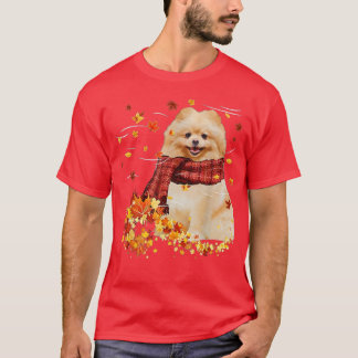 T-shirt Chute Écarf Chien Poméranien Automne Chute Feuille