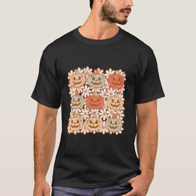 T-shirt Citrouille Automne Rétro Avec Fleurs Souriant Visa (Devant)