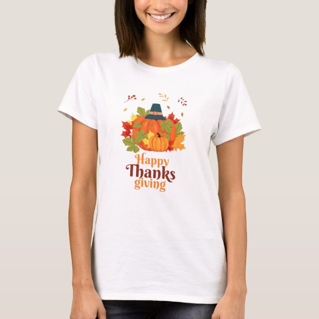 T-shirt Citrouille bon thanksgiving avec Casquette et Feui (Devant)