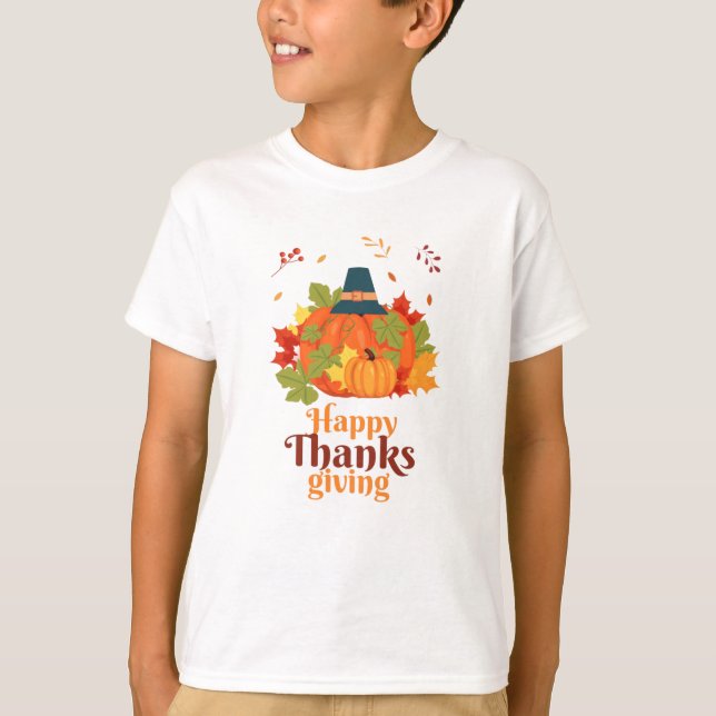 T-shirt Citrouille bon thanksgiving avec Casquette et Feui (Devant)