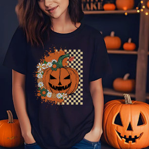T-shirt Citrouille d'Halloween avec damier et fleurs