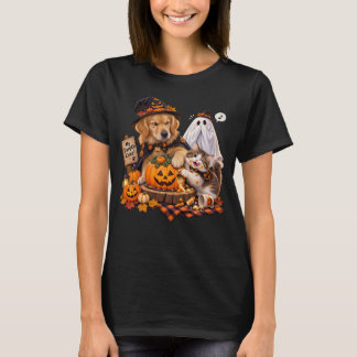 T-shirt Citrouille Drôle de Chat Chien Halloween Fantôme T