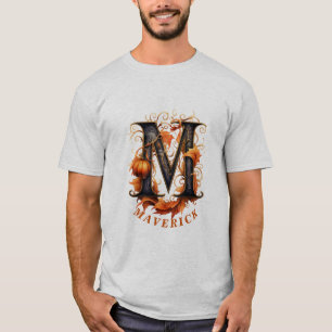 T-shirt Citrouille Halloween Nom Lettre M Floral Monogramm