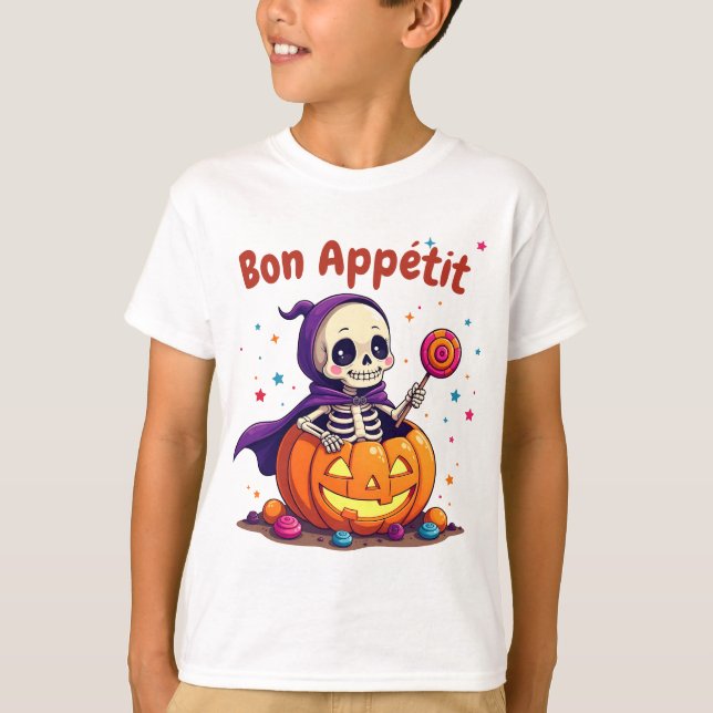 T-shirt citrouille joli halloween squelette bébé (Devant)