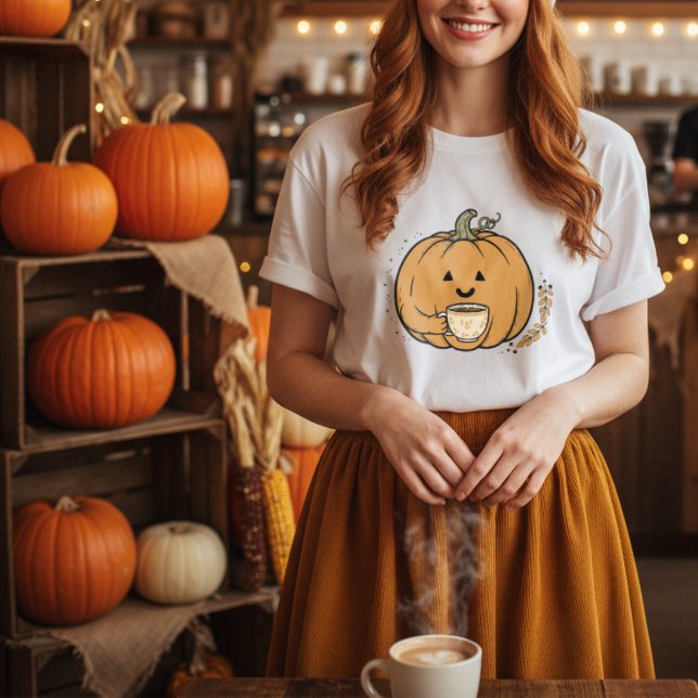 T-shirt Citrouille mignon tenant une tasse de café automne (Créateur téléchargé)