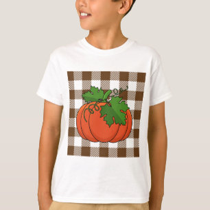 T-shirt Citrouille orange sur motif à carreaux blanc marro