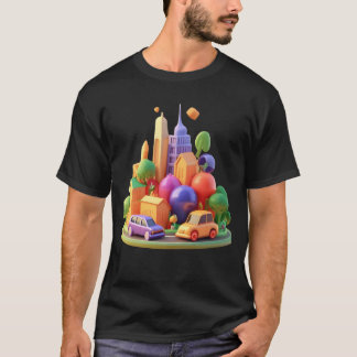 T-shirt city with houses roads cars hospital and Malls gif