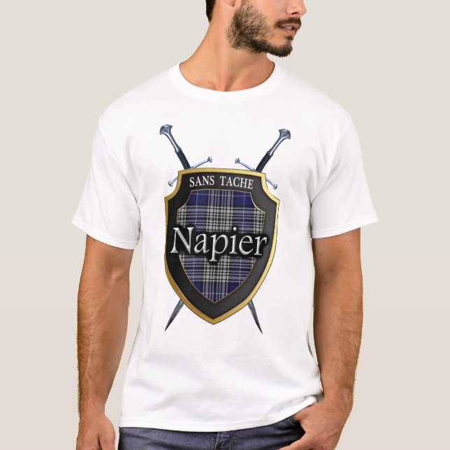 T-shirt Clan Napier Tartan Plaid Shield & Swords (Devant)