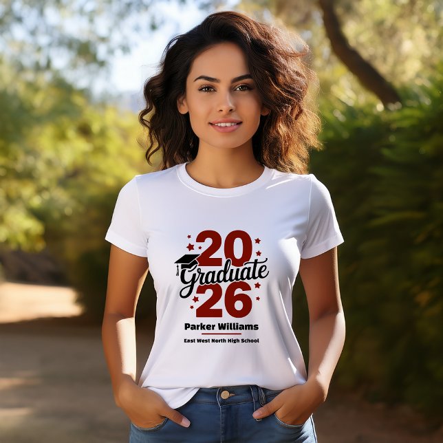 T-shirt Class of 2026 Grad Cap | Graduate Maroon (Graduate Grad Cap and Stars Name and School Graduation T-Shirt -- Maroon)