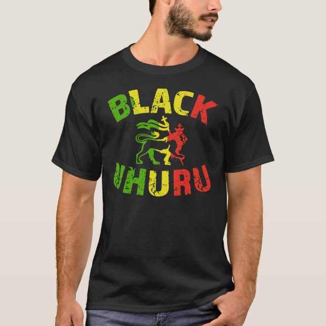 T-shirt classique Lion jamaïcain Uhuru noir (Devant)