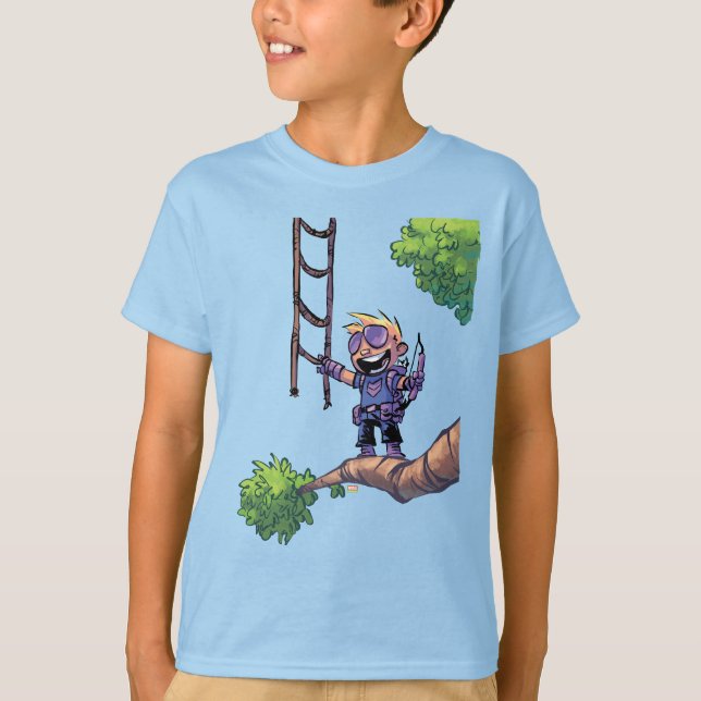 T-shirt Classiques Avengers | Mini Hawkeye dans l'arbre (Devant)