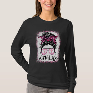 T-shirt Cna Life Messy Bun Pink Leopard Bleached Nurse D
