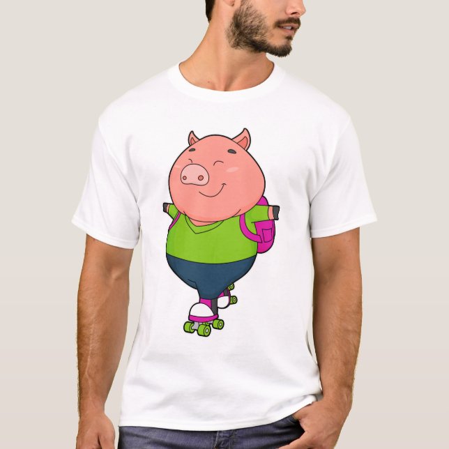 T-shirt Cochon à Patinage en ligne avec patins à rouleaux (Devant)