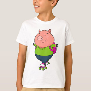 T-shirt Cochon à Patinage en ligne avec patins à rouleaux