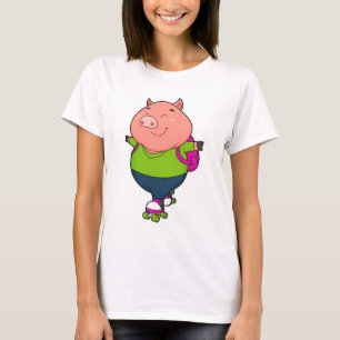 T-shirt Cochon à Patinage en ligne avec patins à rouleaux